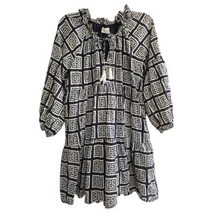 Sohana Boho Print Long Sleeve Mini Dress Medium Black White Geometric Tassel
